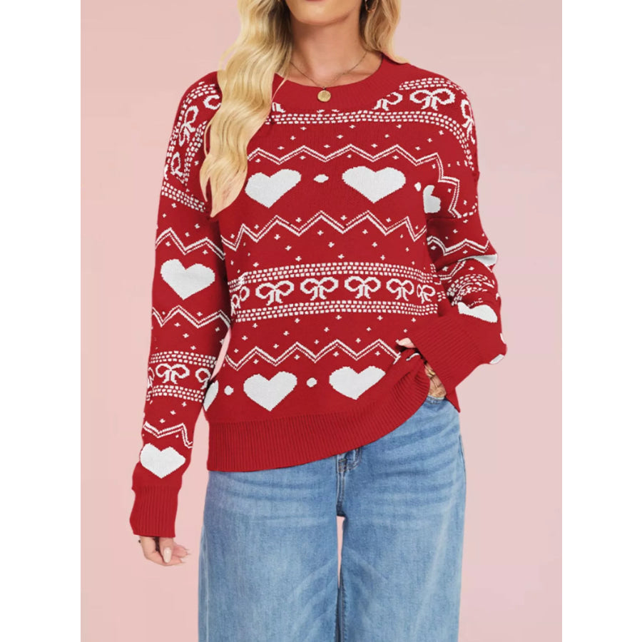 Heart Pattern Dropped Shoulder Sweater Apparel and Accessories