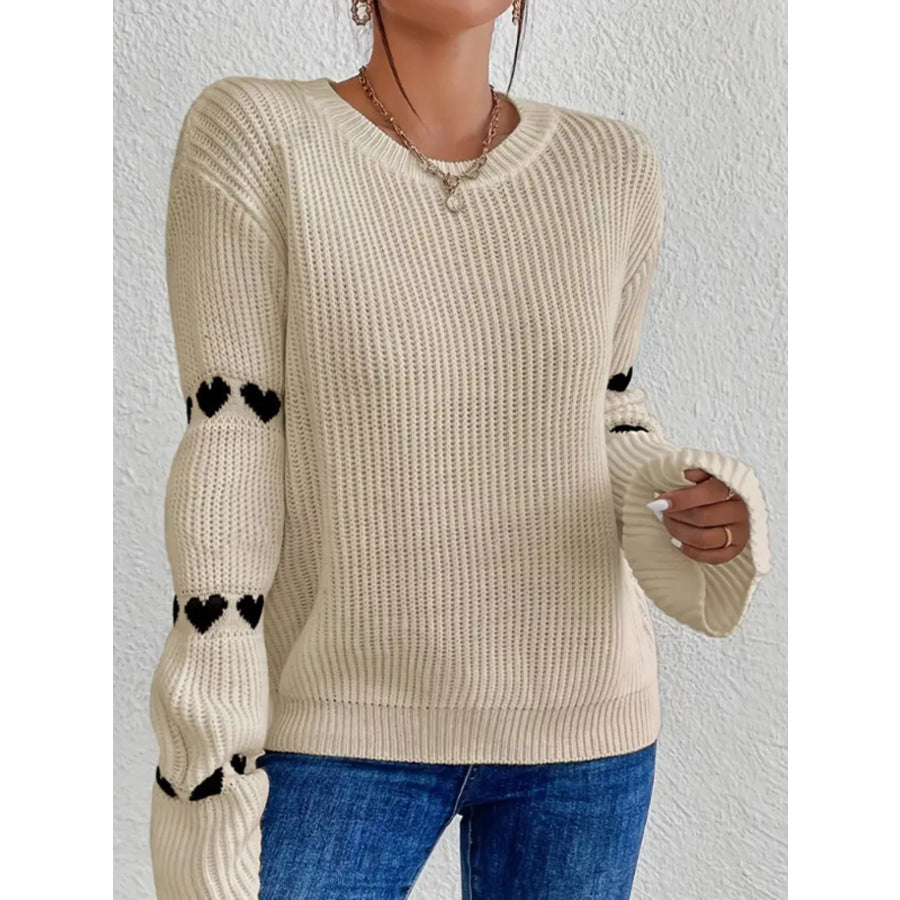 Heart Pattern Dropped Shoulder Sweater Black Apricot / S Apparel and Accessories