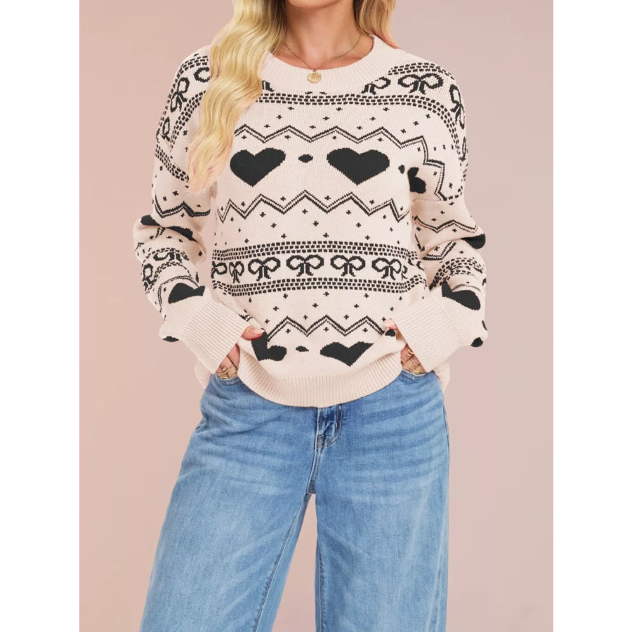 Heart Pattern Dropped Shoulder Sweater Black Apricot / S Apparel and Accessories