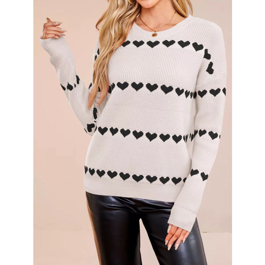 Heart Pattern Dropped Shoulder Sweater Black Apricot / S Apparel and Accessories