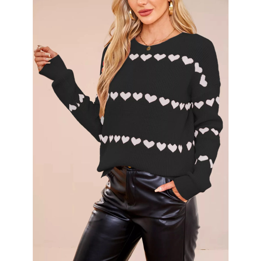 Heart Pattern Dropped Shoulder Sweater Black / S Apparel and Accessories