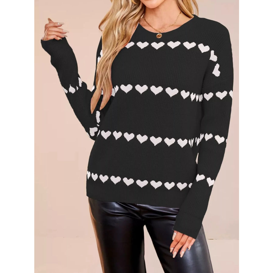 Heart Pattern Dropped Shoulder Sweater Black / S Apparel and Accessories