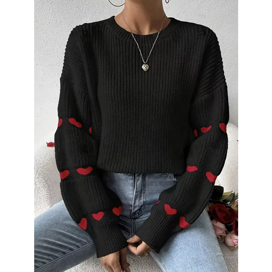 Heart Pattern Dropped Shoulder Sweater Black / S Apparel and Accessories