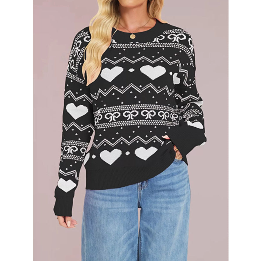 Heart Pattern Dropped Shoulder Sweater Black / S Apparel and Accessories