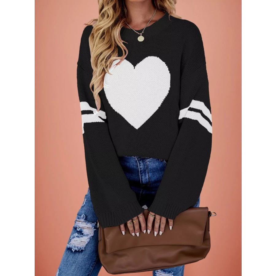 Heart Pattern Dropped Shoulder Sweater Black / S Apparel and Accessories