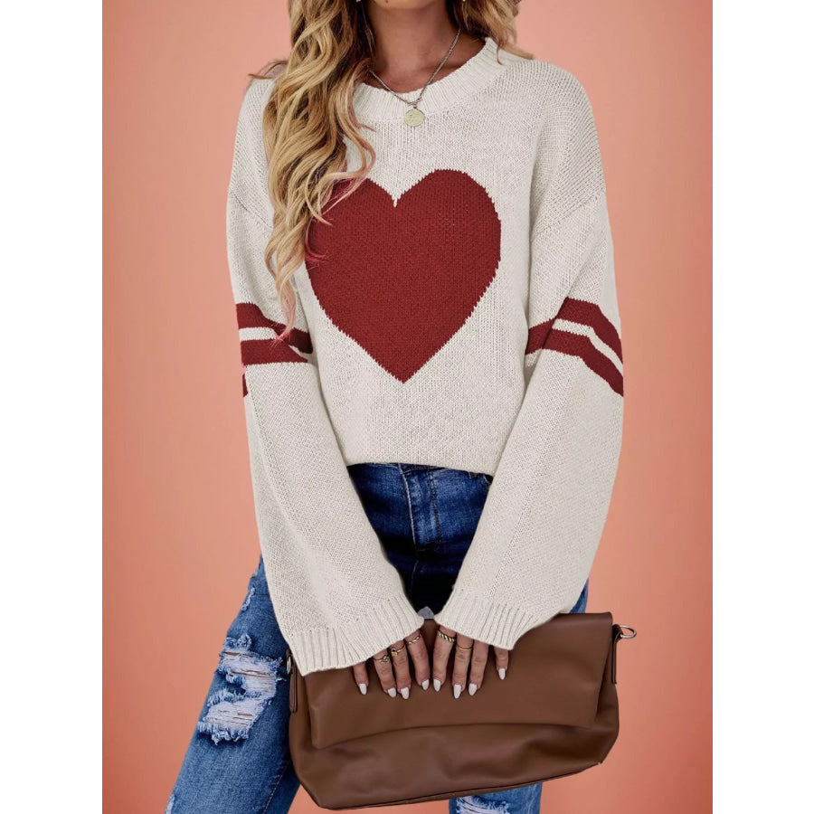 Heart Pattern Dropped Shoulder Sweater Dust Storm / S Apparel and Accessories