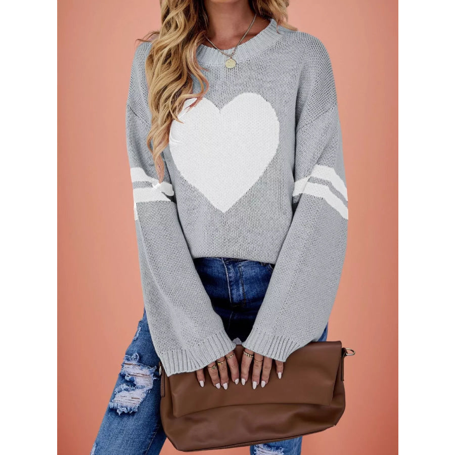 Heart Pattern Dropped Shoulder Sweater Gray / S Apparel and Accessories