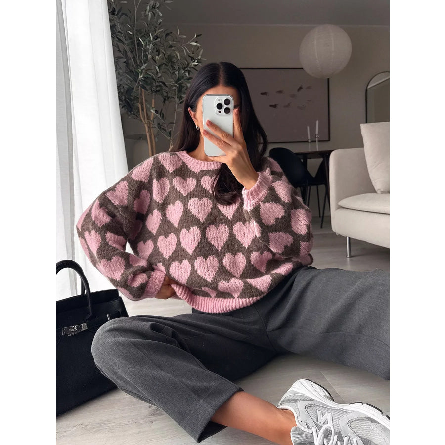 Heart Pattern Dropped Shoulder Sweater Pink Brown / S Apparel and Accessories