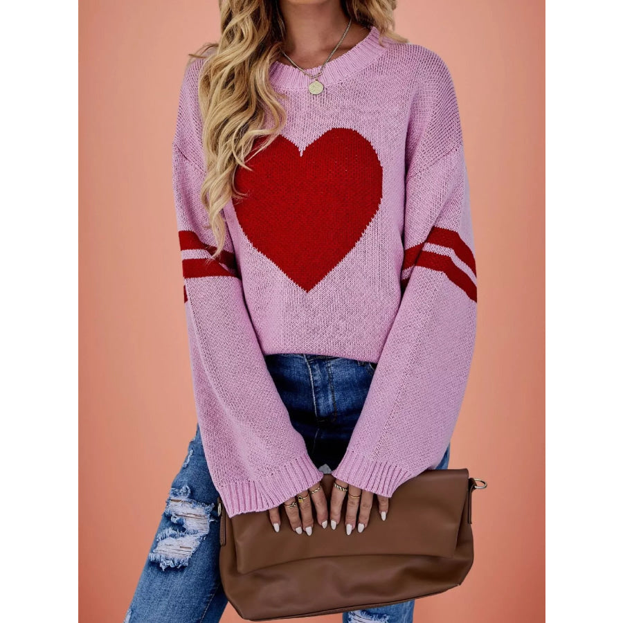 Heart Pattern Dropped Shoulder Sweater Pink / S Apparel and Accessories