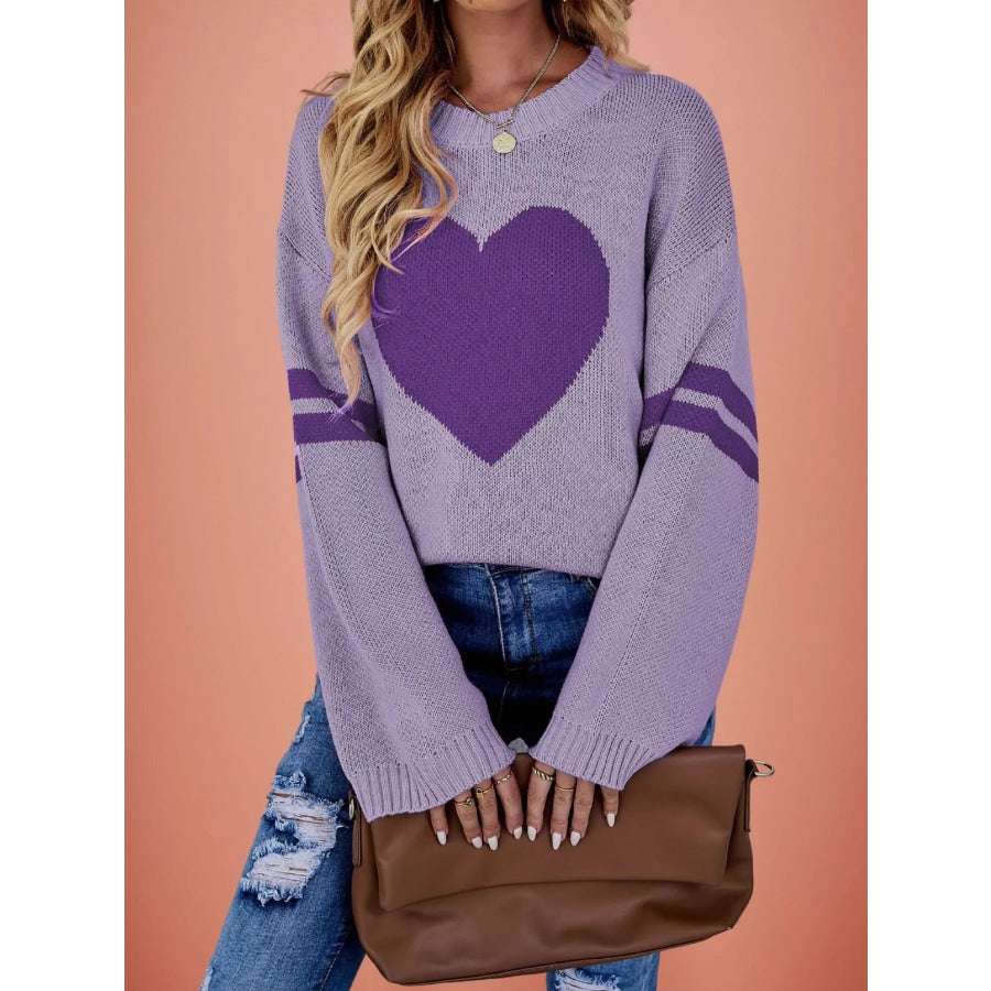 Heart Pattern Dropped Shoulder Sweater Purple / S Apparel and Accessories