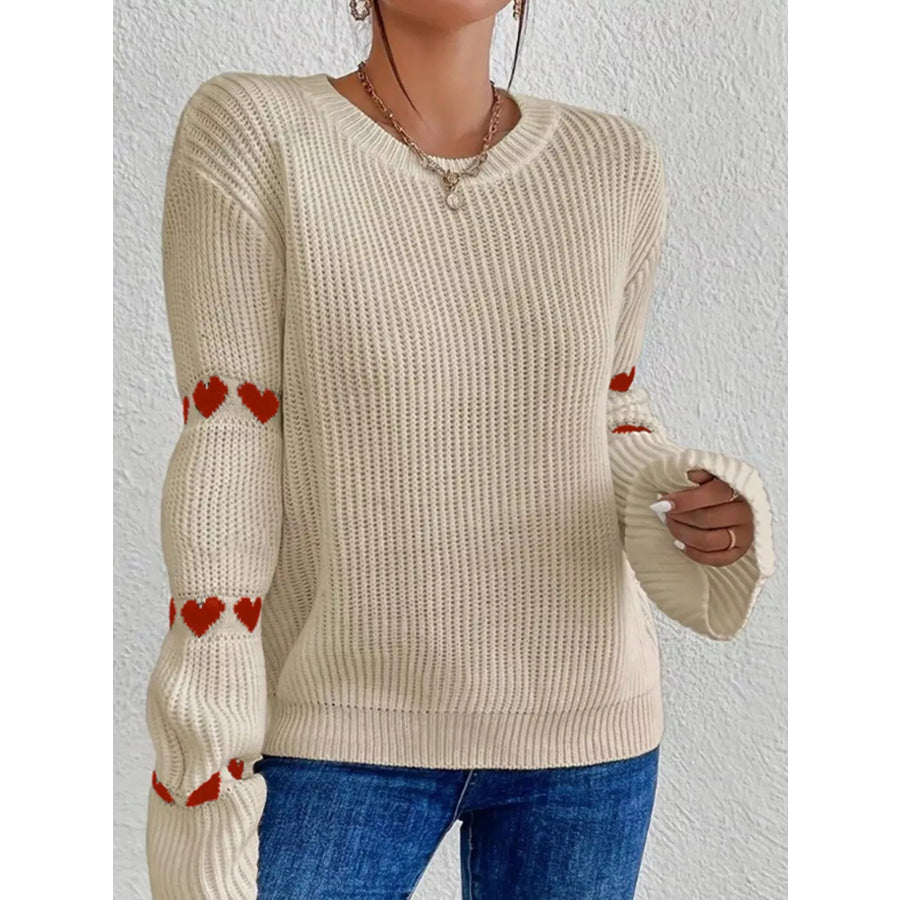 Heart Pattern Dropped Shoulder Sweater Red Apricot / S Apparel and Accessories