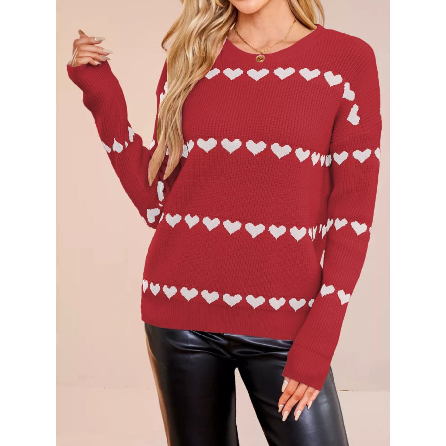 Heart Pattern Dropped Shoulder Sweater Red / S Apparel and Accessories