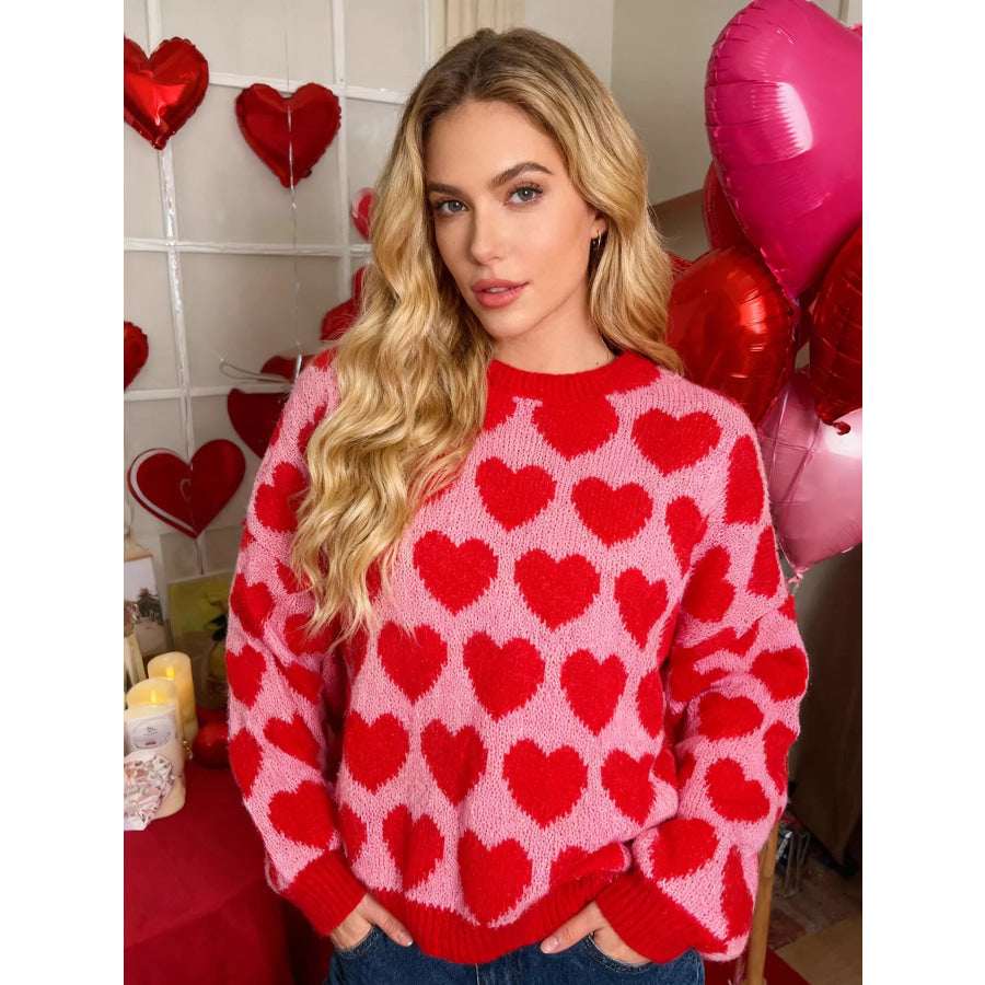 Heart Pattern Dropped Shoulder Sweater Red / S Apparel and Accessories