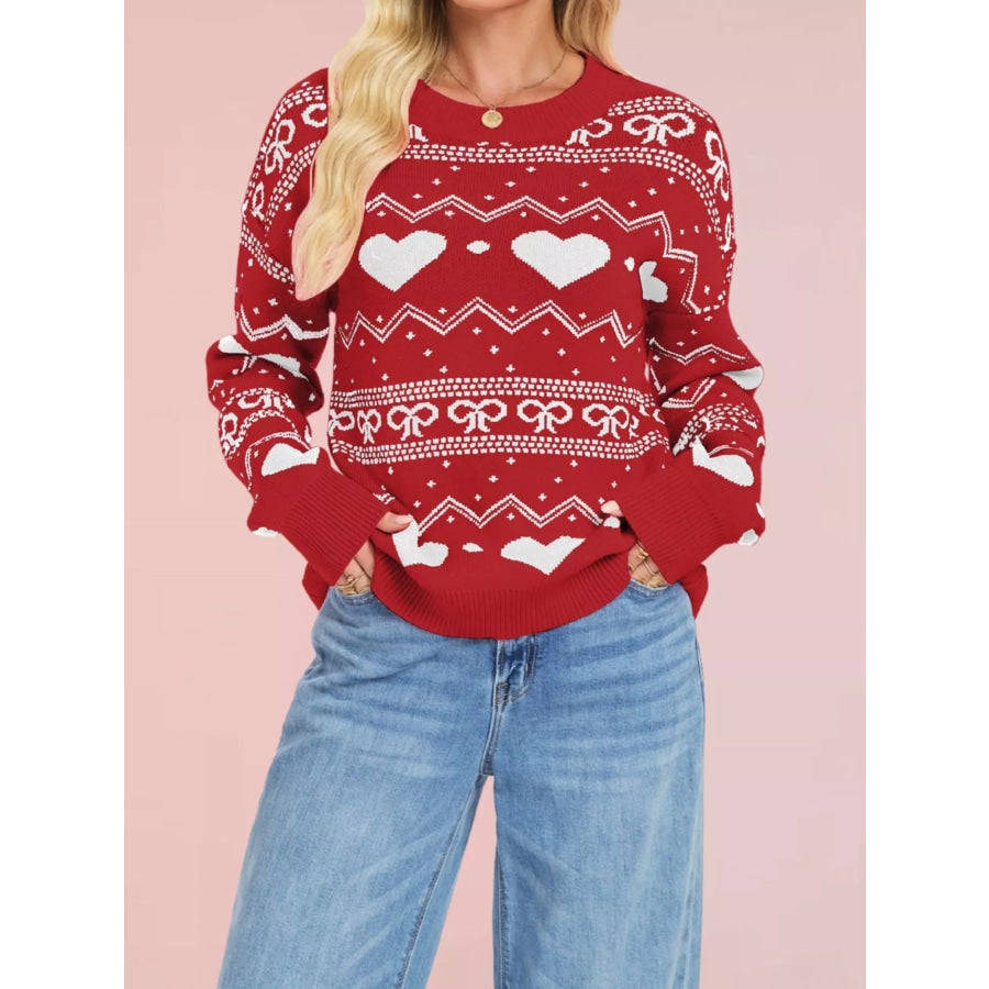 Heart Pattern Dropped Shoulder Sweater Red / S Apparel and Accessories