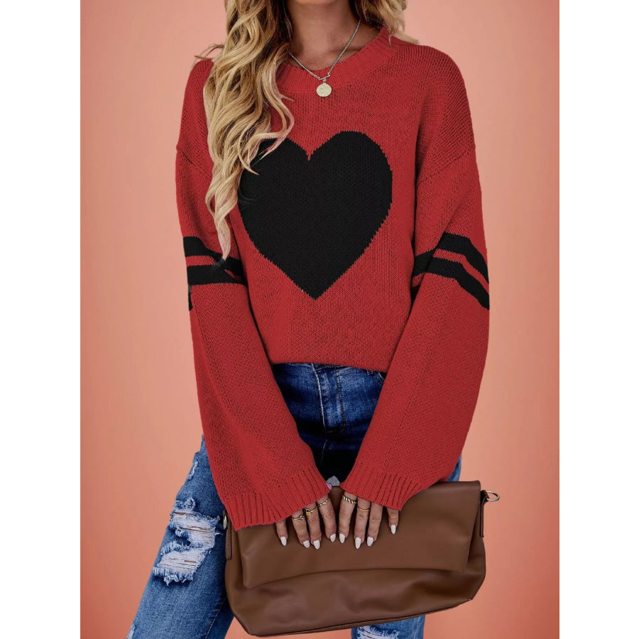 Heart Pattern Dropped Shoulder Sweater Red / S Apparel and Accessories