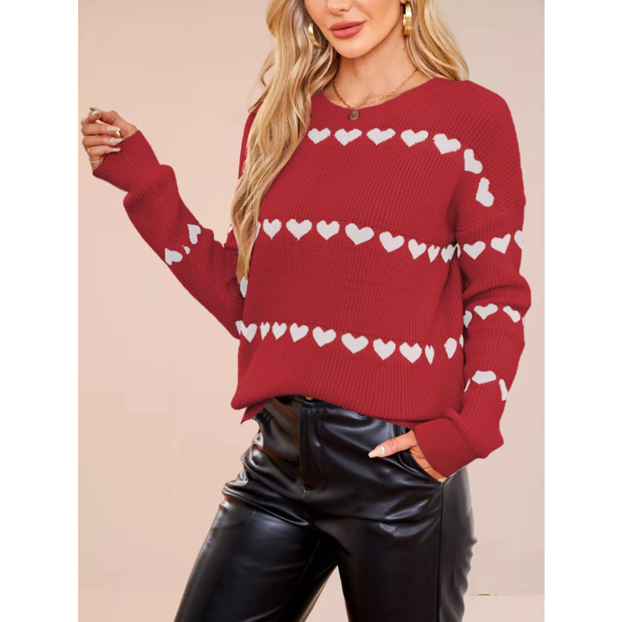 Heart Pattern Dropped Shoulder Sweater Red / S Apparel and Accessories