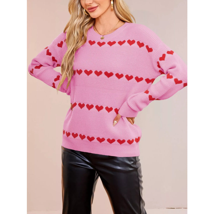Heart Pattern Dropped Shoulder Sweater Rose Red / S Apparel and Accessories