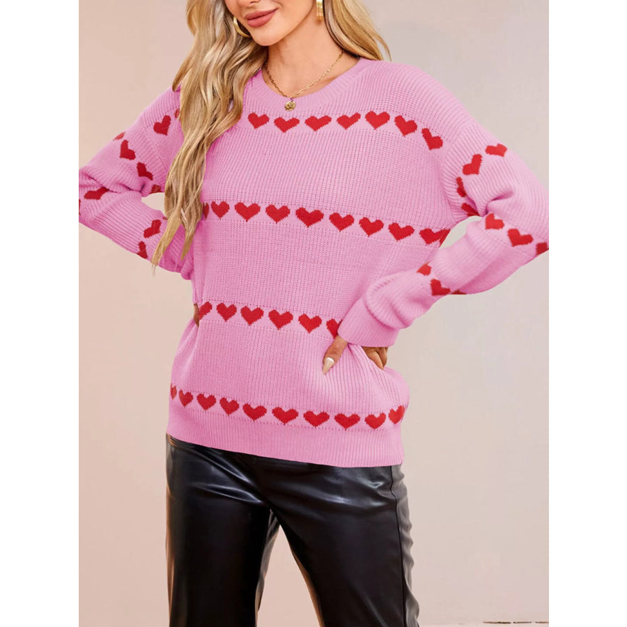 Heart Pattern Dropped Shoulder Sweater Rose Red / S Apparel and Accessories