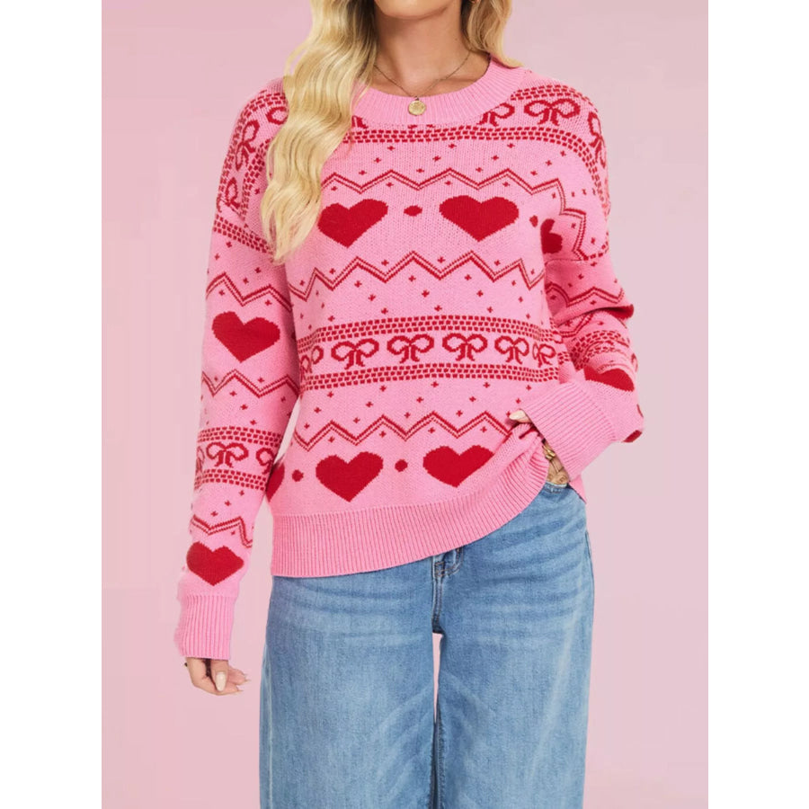 Heart Pattern Dropped Shoulder Sweater Rose Red / S Apparel and Accessories