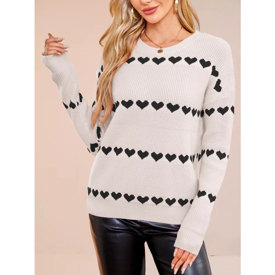 Heart Pattern Dropped Shoulder Sweater White Apricot / S Apparel and Accessories