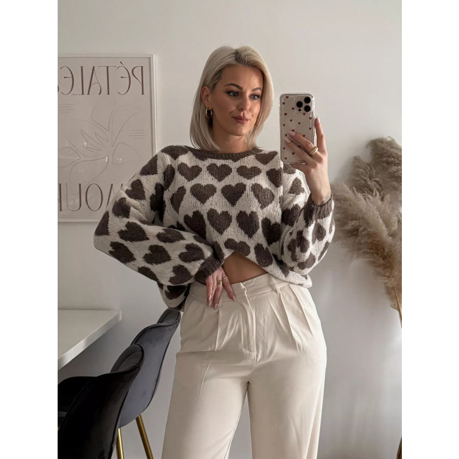 Heart Pattern Dropped Shoulder Sweater White Brown / S Apparel and Accessories