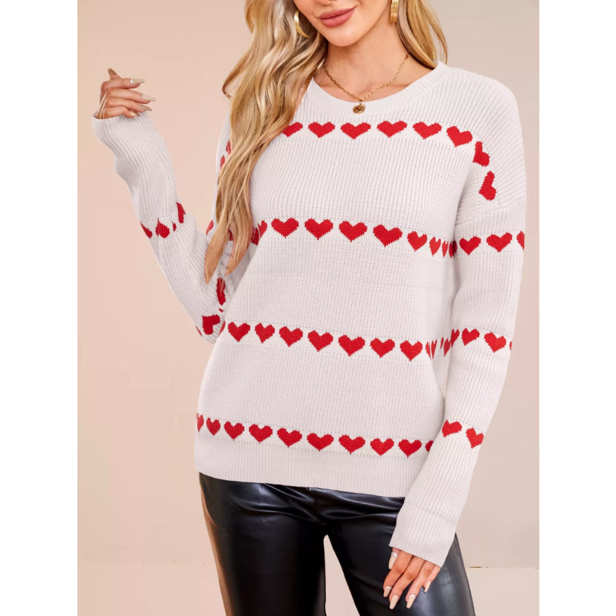Heart Pattern Dropped Shoulder Sweater White Red Heart / S Apparel and Accessories