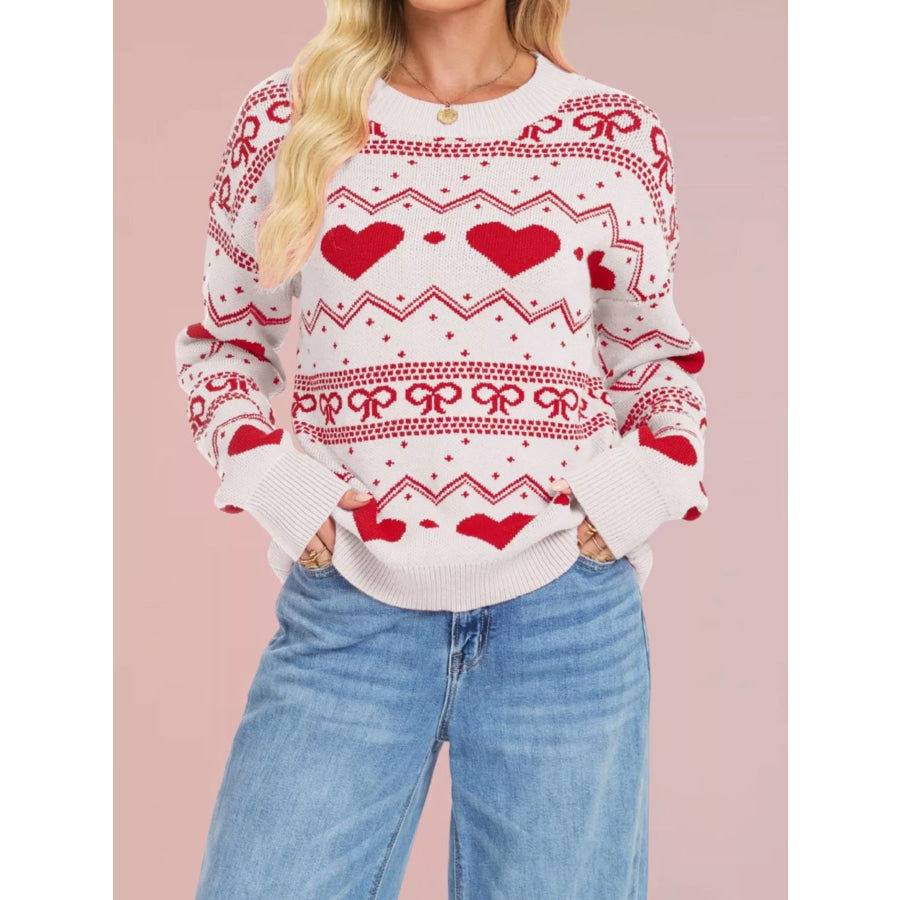 Heart Pattern Dropped Shoulder Sweater White Red Heart / S Apparel and Accessories