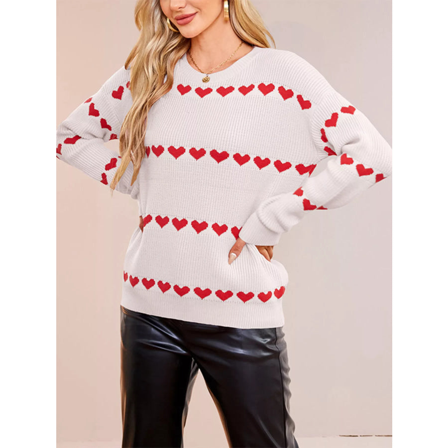 Heart Pattern Dropped Shoulder Sweater White Red Heart / S Apparel and Accessories