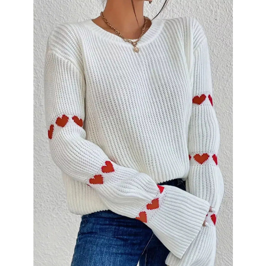 Heart Pattern Dropped Shoulder Sweater White / S Apparel and Accessories