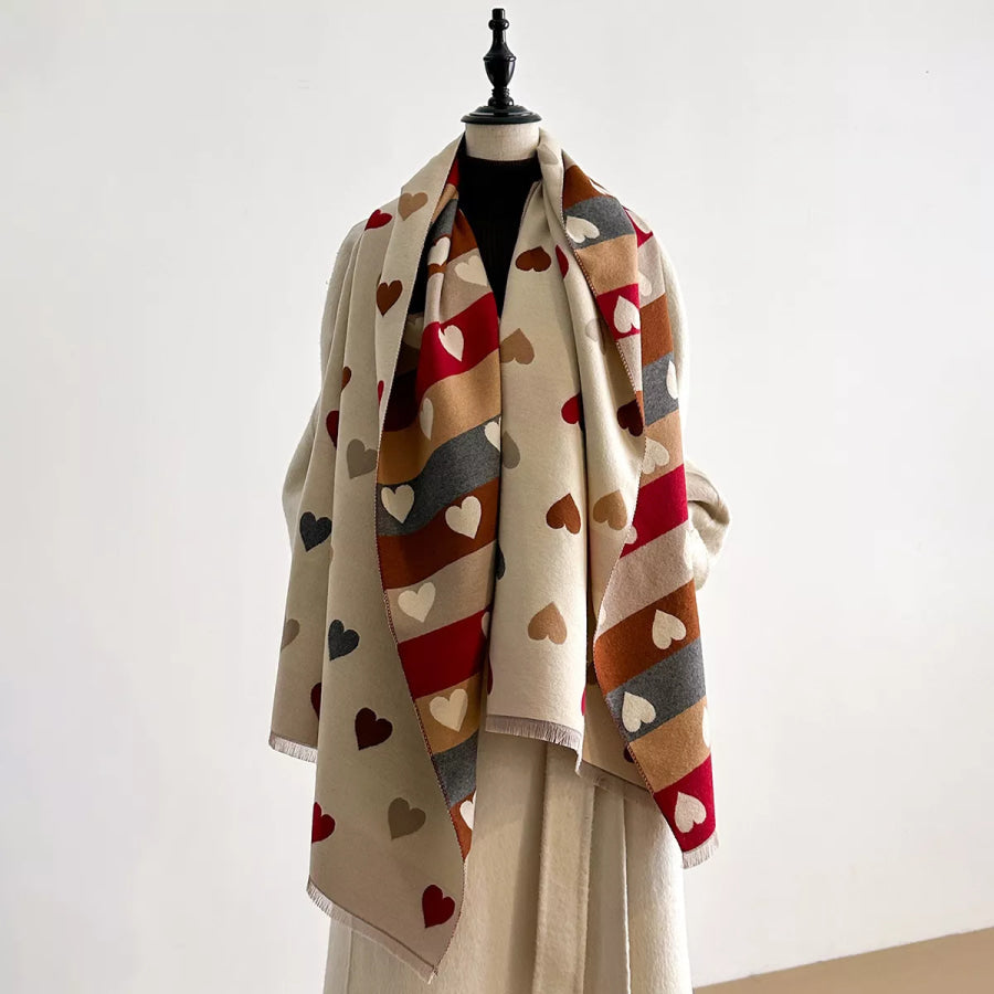 Heart Pattern Fringe Winter Scarf Beige / One Size Apparel and Accessories
