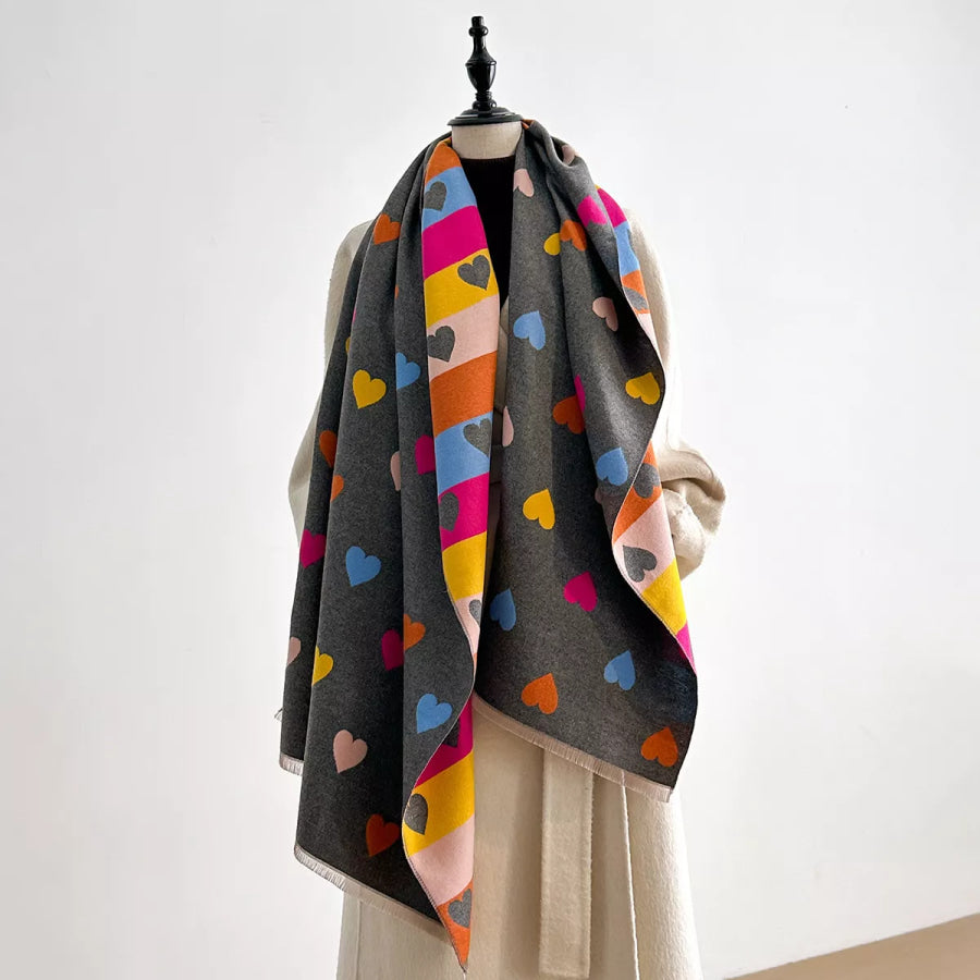 Heart Pattern Fringe Winter Scarf Dark Gray / One Size Apparel and Accessories