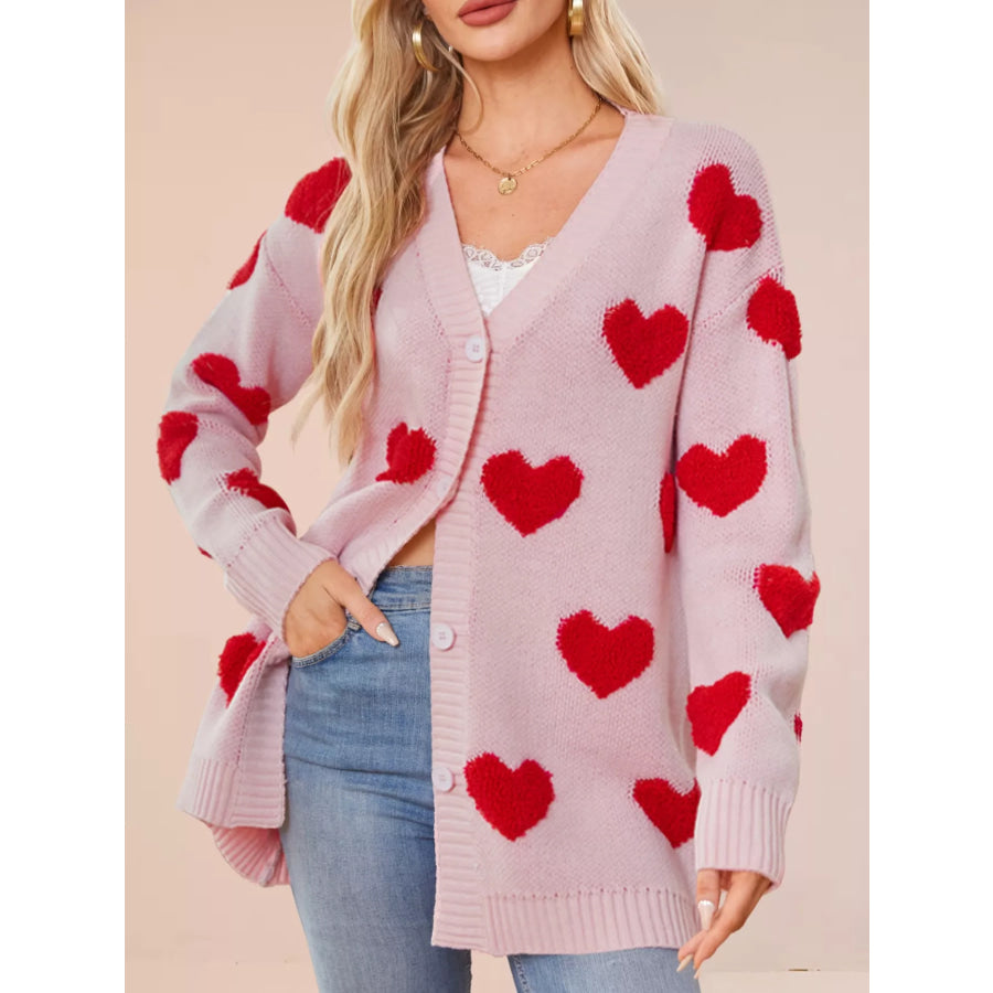 Heart Pattern Knit Button-Up Cardigan Apparel and Accessories