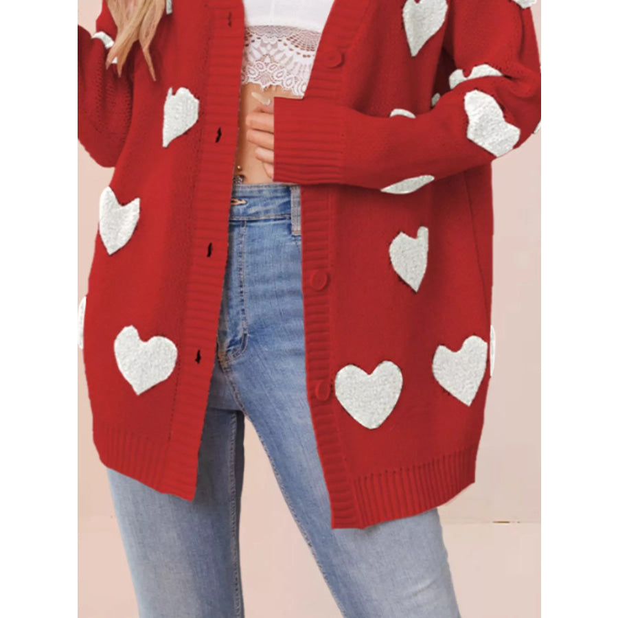 Heart Pattern Knit Button-Up Cardigan Apparel and Accessories