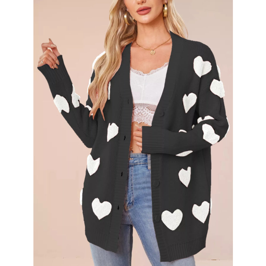 Heart Pattern Knit Button-Up Cardigan Apparel and Accessories