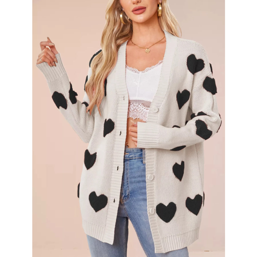 Heart Pattern Knit Button-Up Cardigan Apparel and Accessories