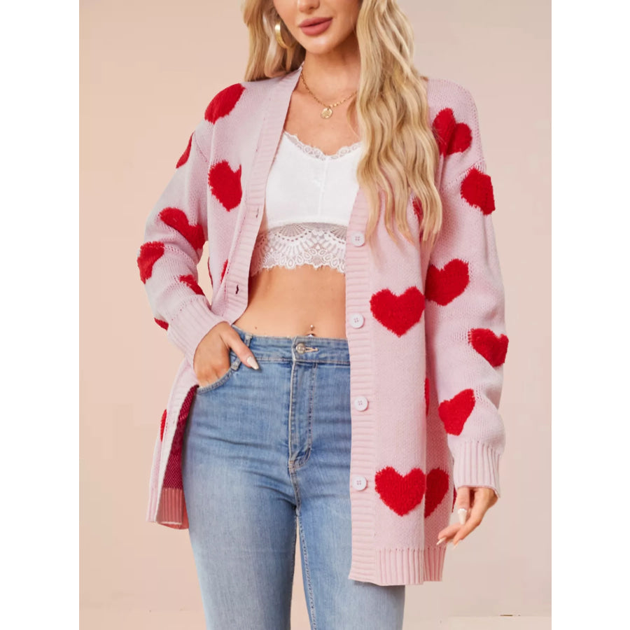 Heart Pattern Knit Button-Up Cardigan Apparel and Accessories