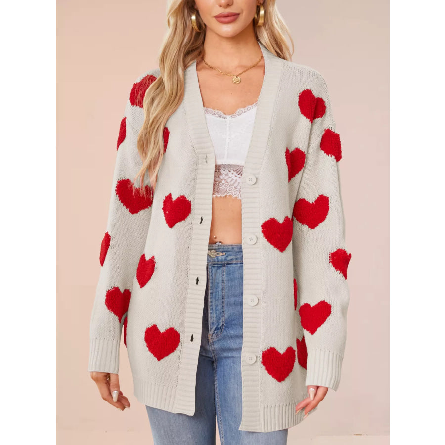 Heart Pattern Knit Button-Up Cardigan Apricot / S Apparel and Accessories