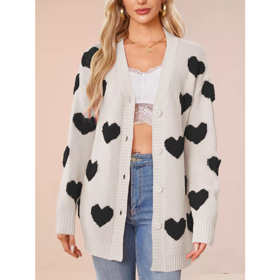 Heart Pattern Knit Button-Up Cardigan Black Apricot / S Apparel and Accessories