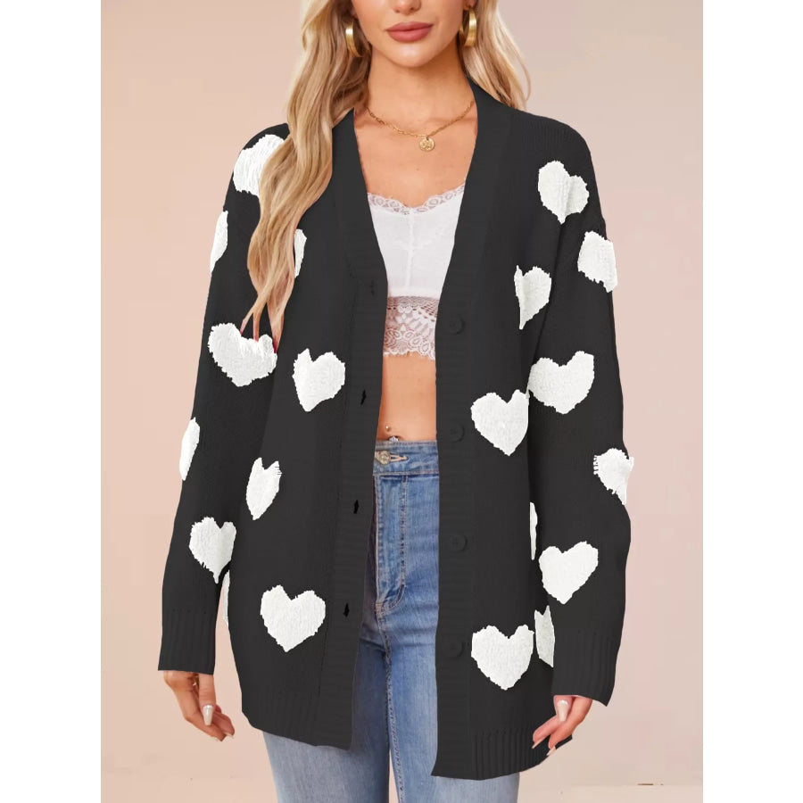 Heart Pattern Knit Button-Up Cardigan Black / S Apparel and Accessories