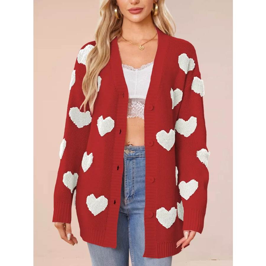 Heart Pattern Knit Button-Up Cardigan Red / S Apparel and Accessories