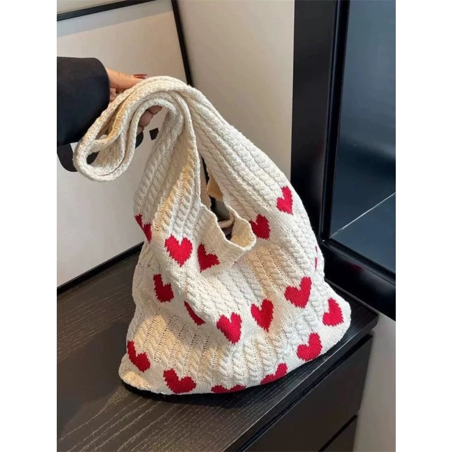 Heart Pattern Knitted Handbag Cream / One Size Apparel and Accessories