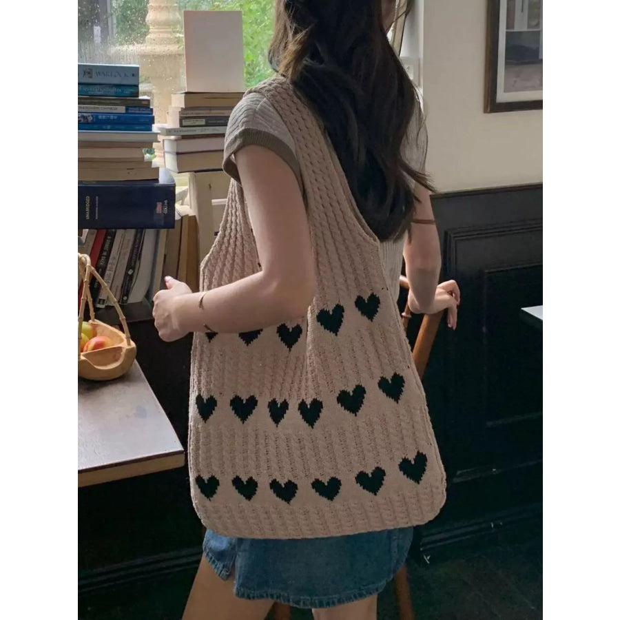 Heart Pattern Knitted Handbag Khaki / One Size Apparel and Accessories