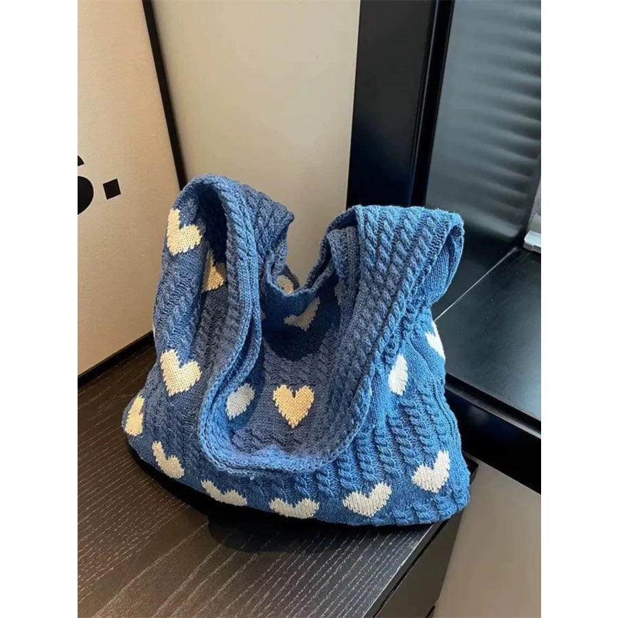 Heart Pattern Knitted Handbag Sky Blue / One Size Apparel and Accessories