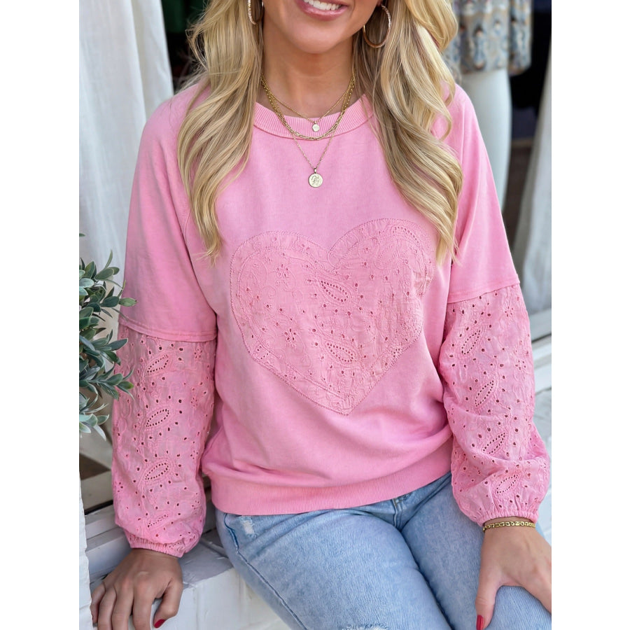 Heart Pattern Long Sleeve Patchwork Top Pink / S Apparel and Accessories