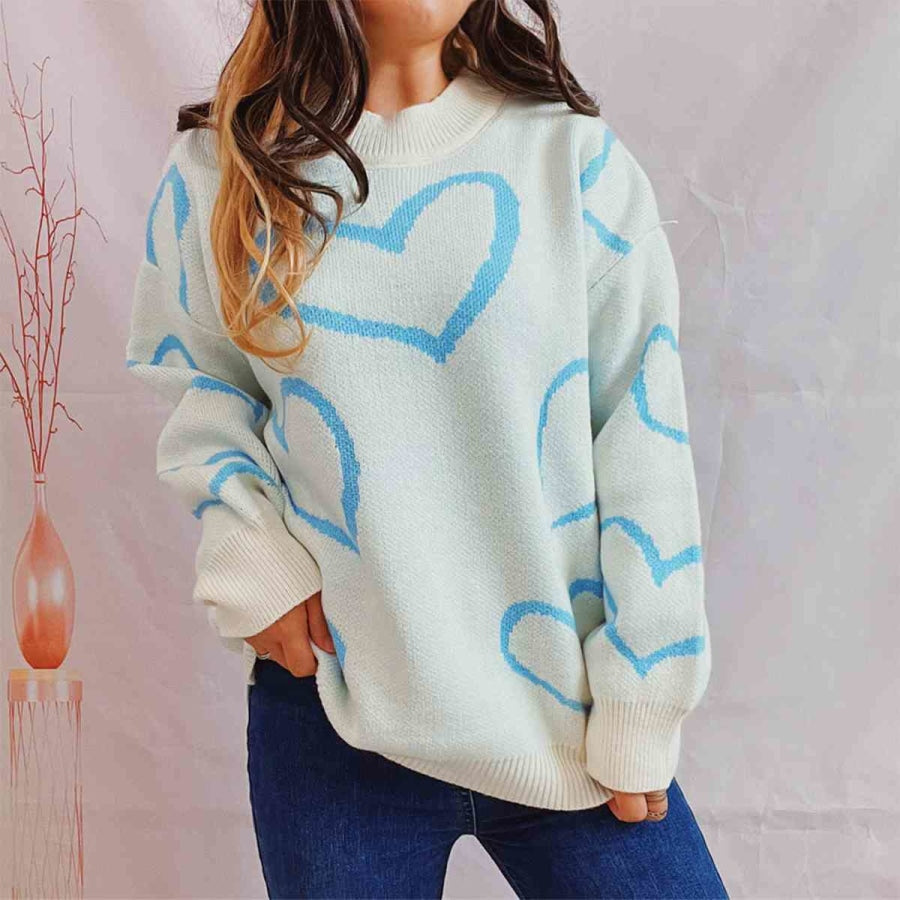 Heart Pattern Long Sleeve Sweater Pastel Blue / S