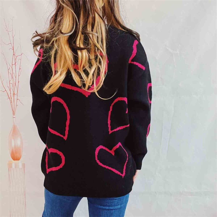 Heart Pattern Long Sleeve Sweater Black / S