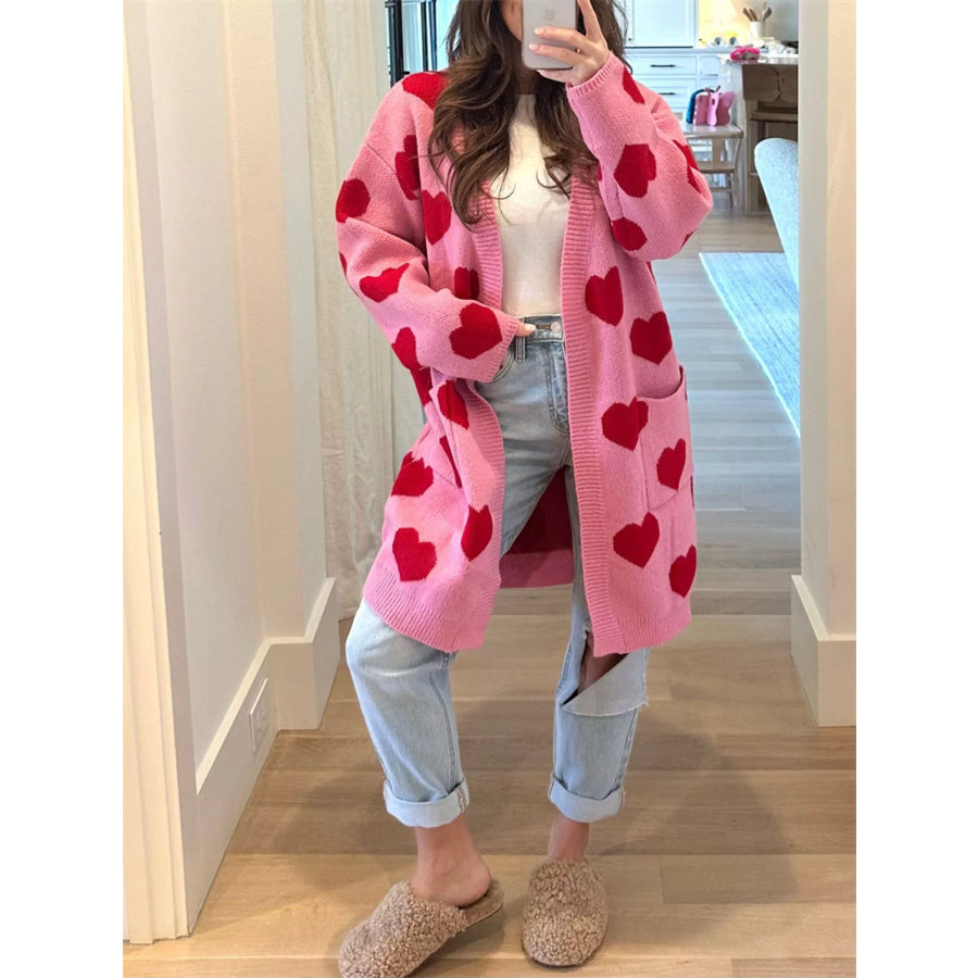 Heart Pattern Open Front Cardigan Pink / S Apparel and Accessories