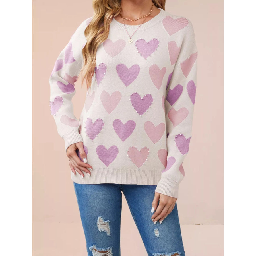 Heart Pattern Pearl Embellishments Sweater Apricot / S Apparel and Accessories