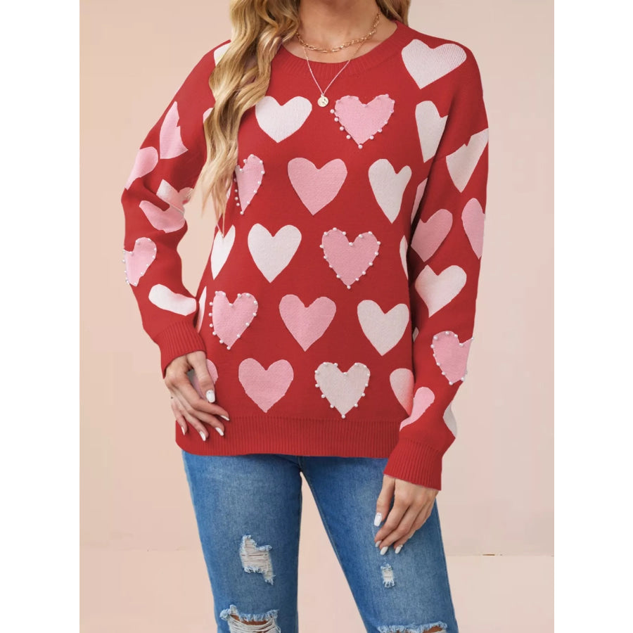 Heart Pattern Pearl Embellishments Sweater Apparel and Accessories