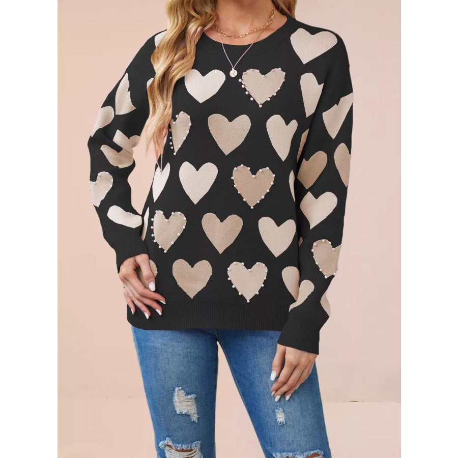 Heart Pattern Pearl Embellishments Sweater Apparel and Accessories